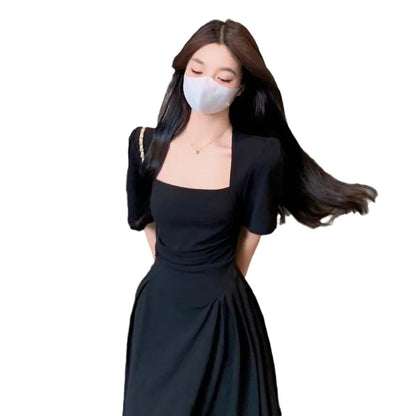 Vestido francés de talla grande, color liso, elegante, ajustado, con cintura adelgazante y cuello cuadrado, nuevo estilo de verano para mujeres regordetas.