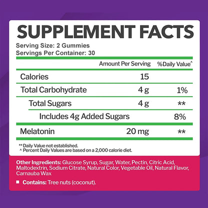 Gomitas de melatonina de 20 mg: concilia el sueño de forma natural, combate el insomnio, refuerza el sistema inmunitario y mejora la calidad del descanso.