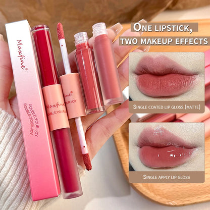 Brillo labial de doble punta, brillo total, espejo y terciopelo mate, color e hidratación de larga duración, brillo labial cosmético antimanchas.