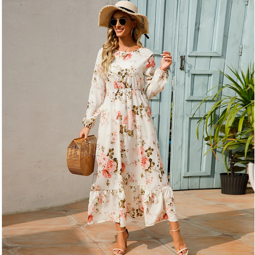 Vestidos largos bohemios informales de manga larga y cintura alta para mujer, de gasa, para playa, primavera y otoño, con estampado floral