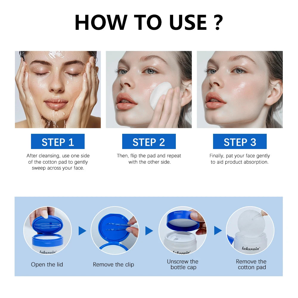 Almohadillas tónicas faciales de doble textura con ácido salicílico y ácido láctico (4,5 % AHA y 0,45 % BHA) para exfoliación y cuidado de los poros.