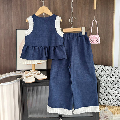 Bear Leader - Conjunto de dos piezas para niña, versión coreana, traje de mezclilla azul de imitación, camiseta sin mangas y pantalones anchos de verano