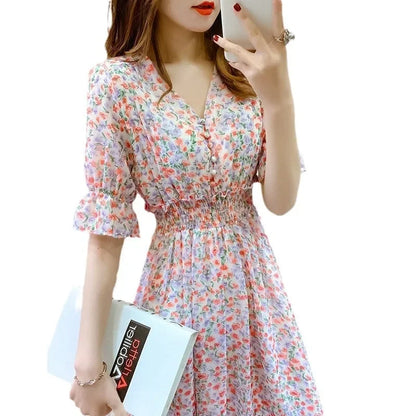Elegant V-Neck Slimming Short Sleeve Dress 2024 New Style Waist-Fitted Fragrant Flower Design Women's Gown Original Work