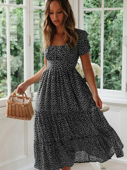 Vestidos Vintage Estampado Vintage Manga Abullonada Verano Playa Dulce Vestidos Casual Cuello Cuadrado Floral Maxi Vestido Largo Fiesta