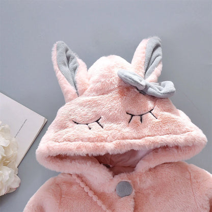 Conjunto de 2 piezas de ropa para niña, nueva chaqueta con capucha de conejo de manga larga, lazo de felpa de invierno, ropa para niños de 0 a 3 años.