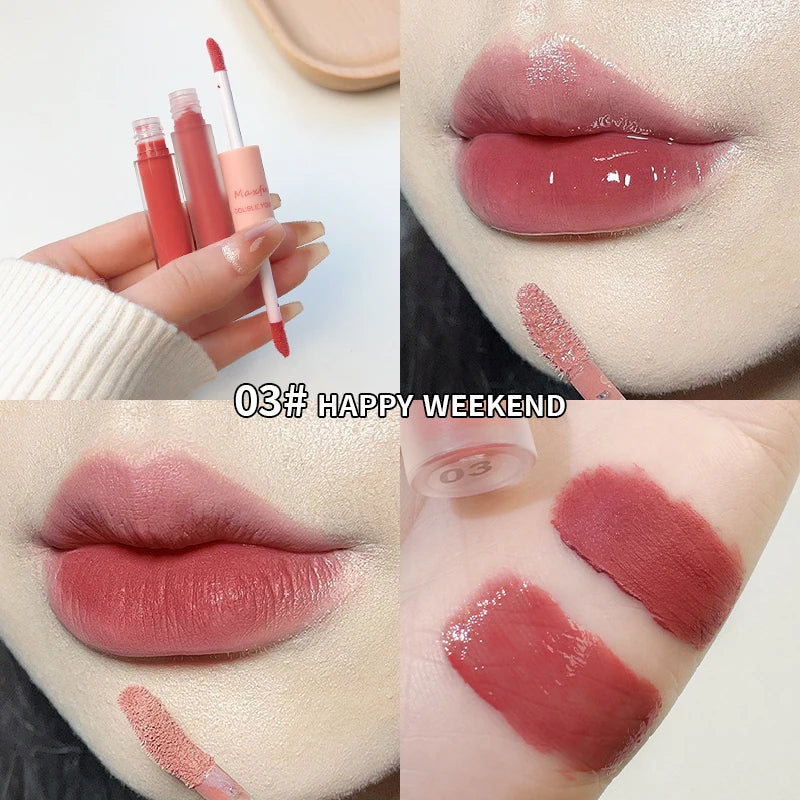 Brillo labial de doble punta, brillo total, espejo y terciopelo mate, color e hidratación de larga duración, brillo labial cosmético antimanchas.
