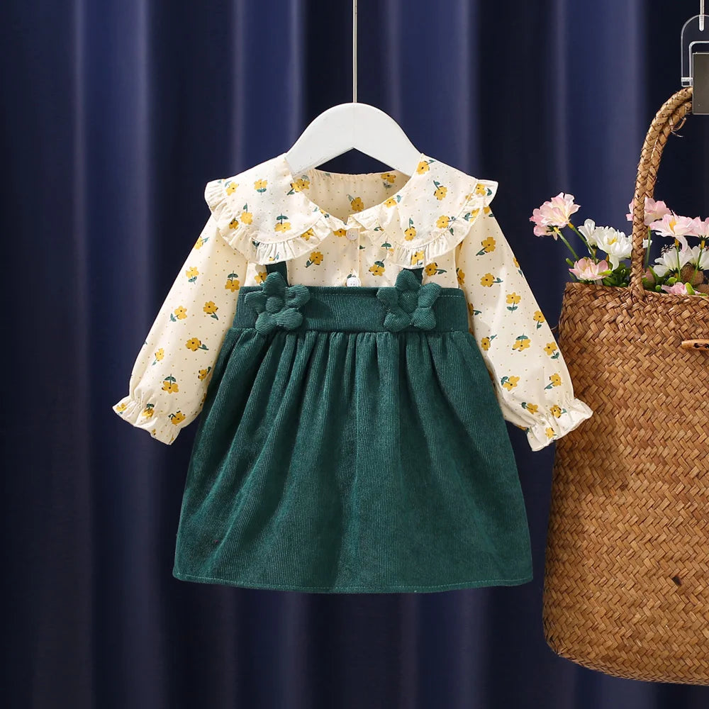 Vestido de otoño para niñas recién nacidas, de manga larga, con solapa y flores fragmentadas de dibujos animados, vestido de princesa para bebés, vestido con tirantes de flores
