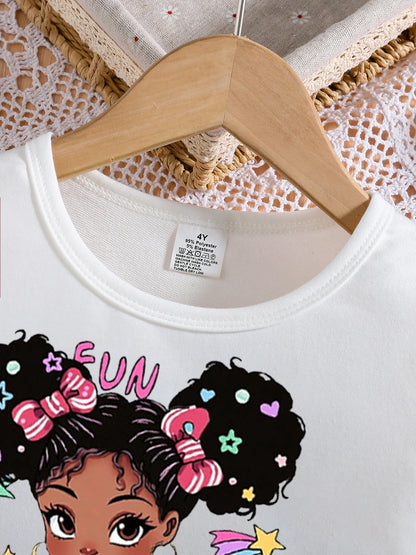 Conjunto de moda para niña de primavera y otoño con cuello redondo blanco, estampado de dibujos animados, manga larga y pantalones adelgazantes de color liso, dos piezas