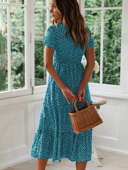 Sexy Square Collar Floral Print Midi Dress 2024 Women's Summer Puff Short Sleeve Ruffles Casual Party Dresses For Women Robe