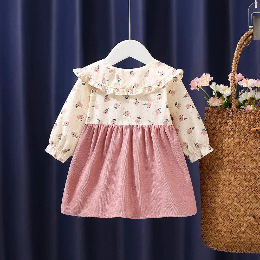 Vestido de otoño para niñas recién nacidas, de manga larga, con solapa y flores fragmentadas de dibujos animados, vestido de princesa para bebés, vestido con tirantes de flores
