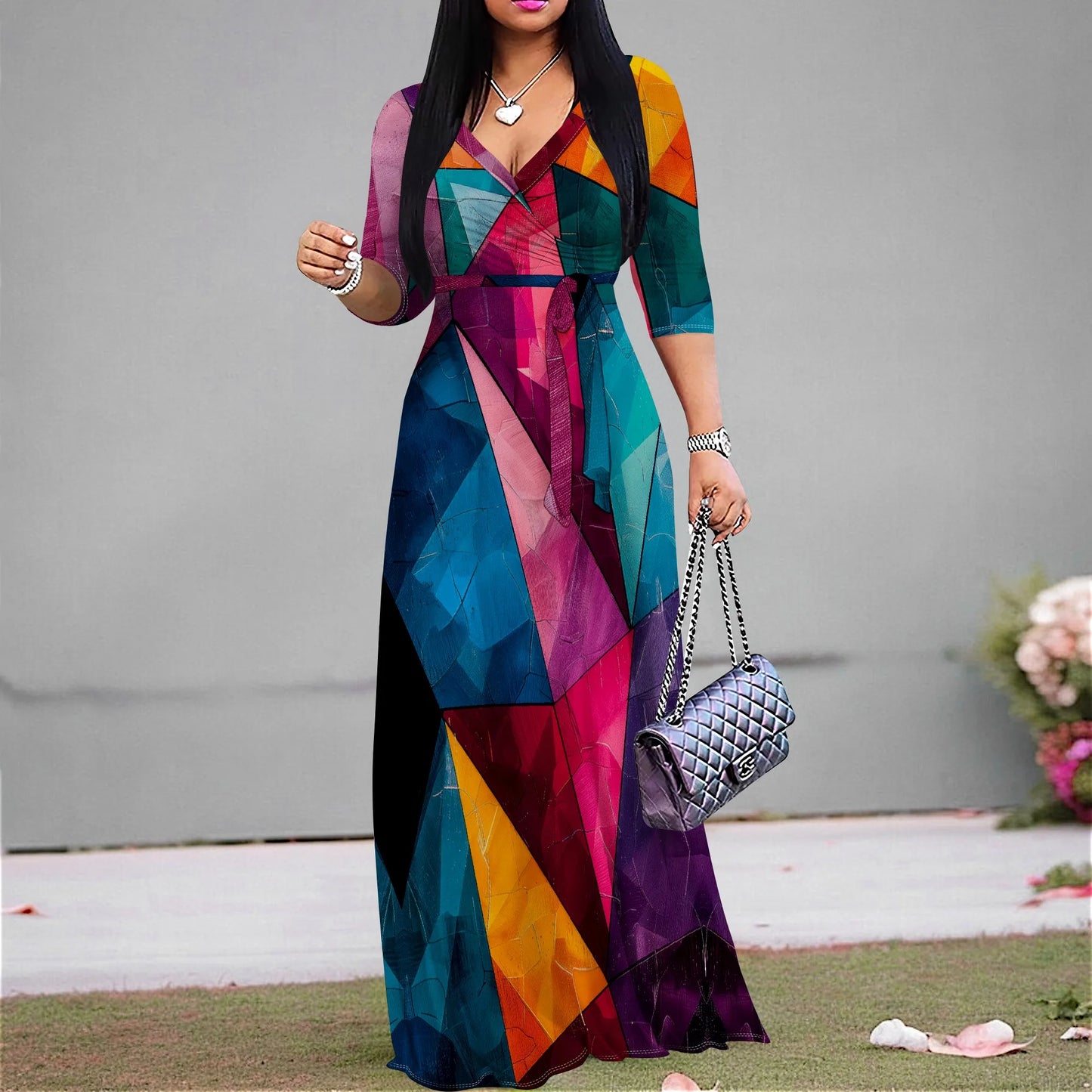 Maxi Dress for Women Casual Sundress V-Neck 3/4 Sleeve Plus Size