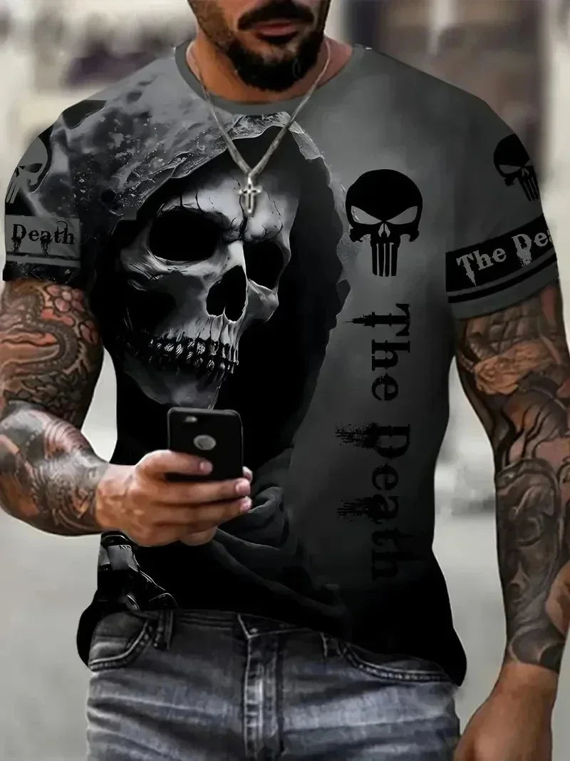 Camiseta de manga corta con estampado 3D de calavera de terror, estilo hip hop callejero, cuello redondo, holgada e informal, para verano, 2025