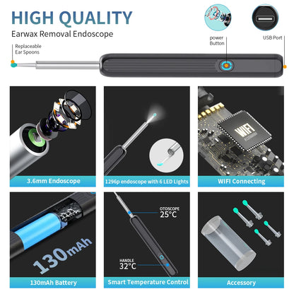 Limpiador de oídos NE3, herramienta de eliminación de cerumen de alta precisión con cámara y luz LED, otoscopio inalámbrico, kit de limpieza de oídos inteligente, el mejor regalo.