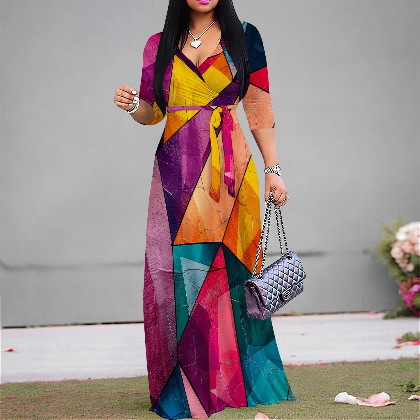 Maxi Dress for Women Casual Sundress V-Neck 3/4 Sleeve Plus Size