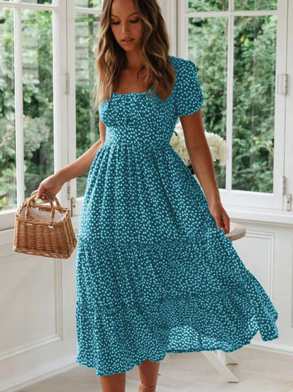 Sexy Square Collar Floral Print Midi Dress 2024 Women's Summer Puff Short Sleeve Ruffles Casual Party Dresses For Women Robe