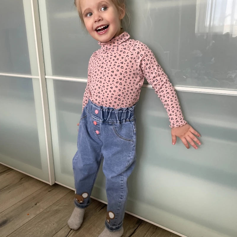 Pantalones vaqueros largos con estampado floral de dibujos animados para niñas, pantalones casuales con agujeros y estampado de grafiti para primavera y otoño
