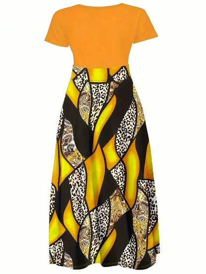 Geo & Faith Print Splicing Dress, Casual Short Sleeve Crew Neck Cinched Waist Dress For Spring & Summer, Women's Clothing