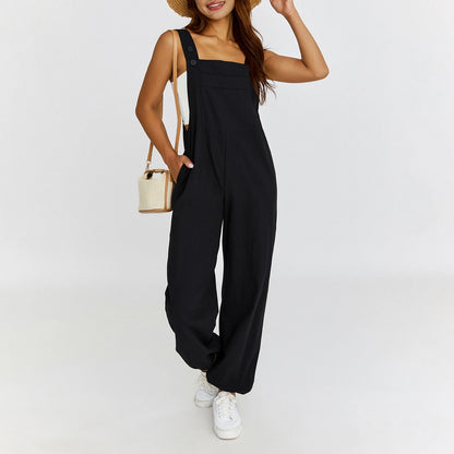 Puloru - Mono informal con tirantes para mujer, liso, sin mangas, cuello cuadrado, pantalones largos con tiras y bolsillos, ropa de calle