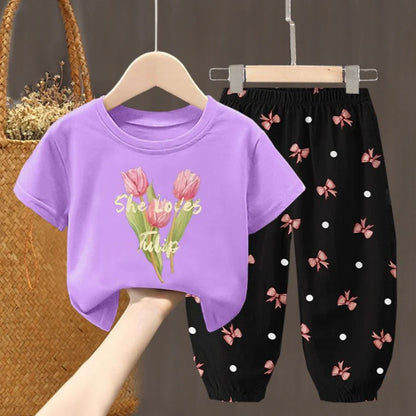 Conjuntos de verano para niñas, ropa para niños pequeños, camiseta de moda, top y pantalones, 2 piezas