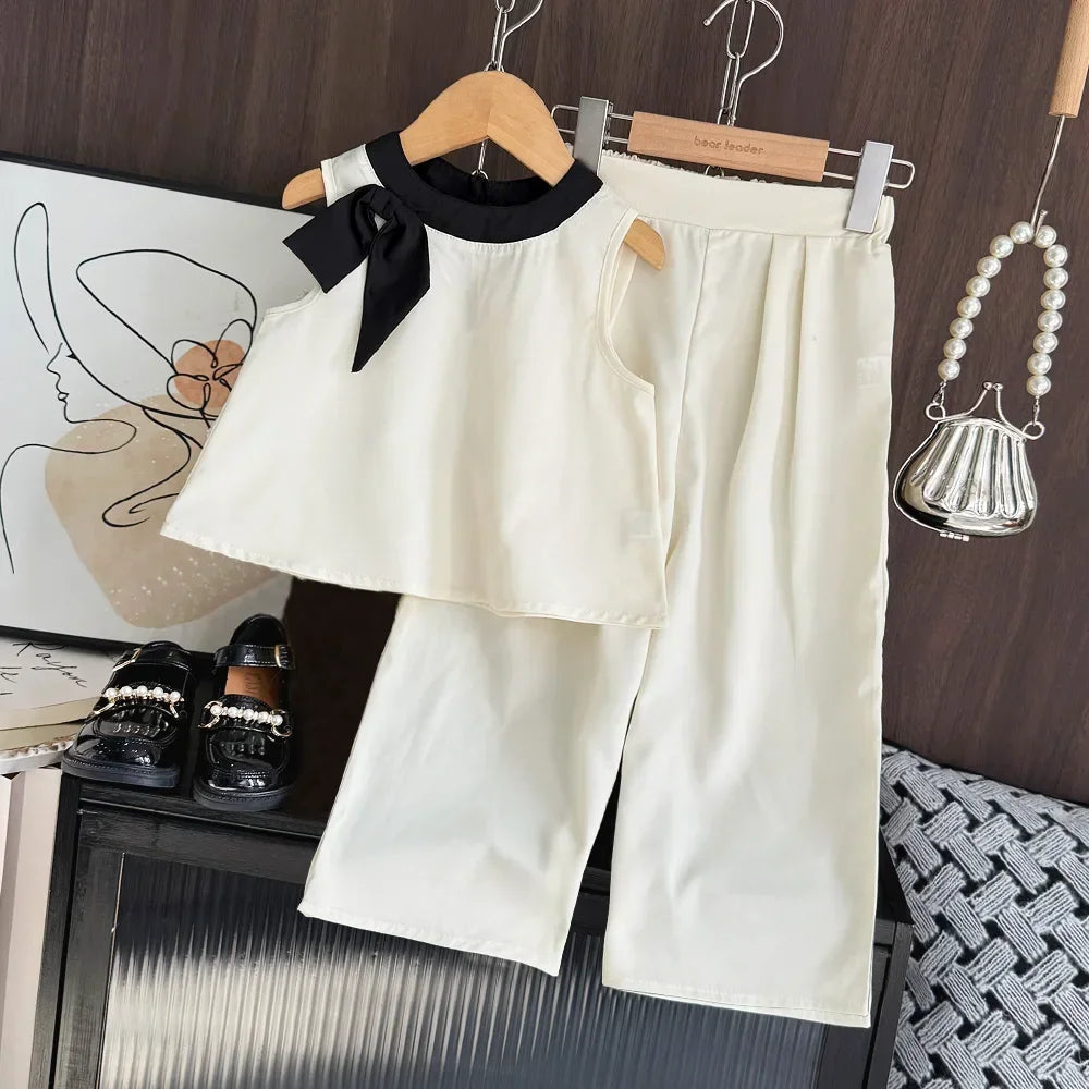 Bear Leader 2025 - Conjunto de 2 piezas para niñas de 3 a 7 años, versión coreana, con top sin mangas y pantalones anchos, con lazo 3D