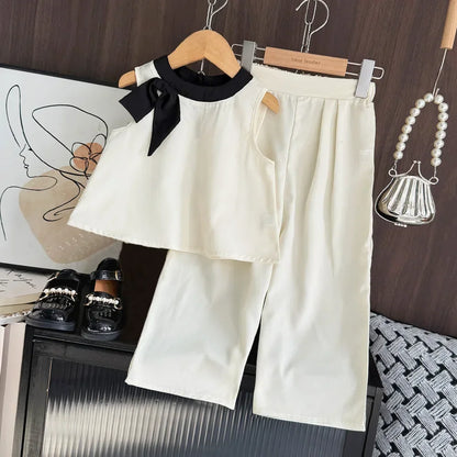 Bear Leader 2025 - Conjunto de 2 piezas para niñas de 3 a 7 años, versión coreana, con top sin mangas y pantalones anchos, con lazo 3D