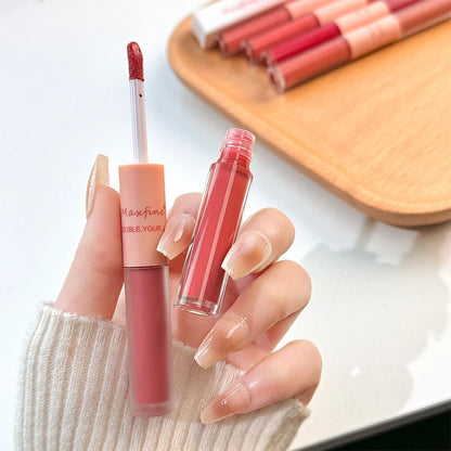Brillo labial de doble punta, brillo total, espejo y terciopelo mate, color e hidratación de larga duración, brillo labial cosmético antimanchas.