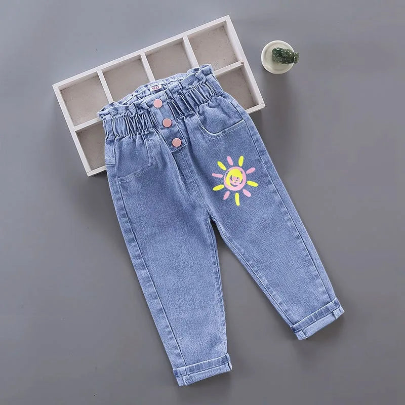 Pantalones vaqueros largos con estampado floral de dibujos animados para niñas, pantalones casuales con agujeros y estampado de grafiti para primavera y otoño