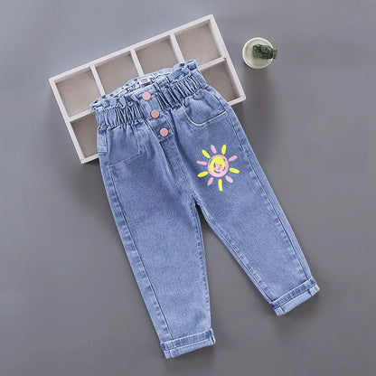 Pantalones vaqueros largos con estampado floral de dibujos animados para niñas, pantalones casuales con agujeros y estampado de grafiti para primavera y otoño