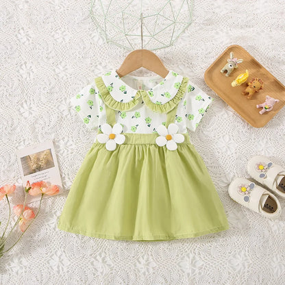 Vestido de verano para niña de 0 a 3 años, de algodón, con estampado floral, de dos piezas y tirantes finos, de manga corta.