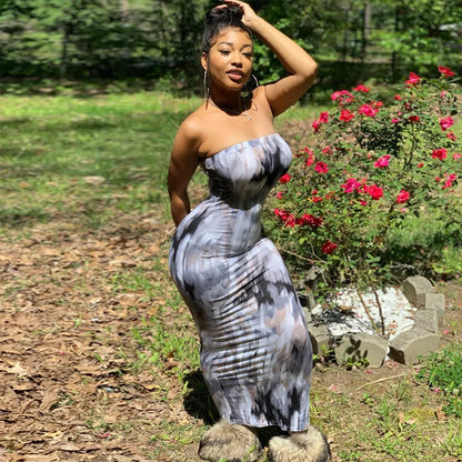 Spring/Summer Women's Colorful Tie Dye Print Off Shoulder Wrapped Chest Dress