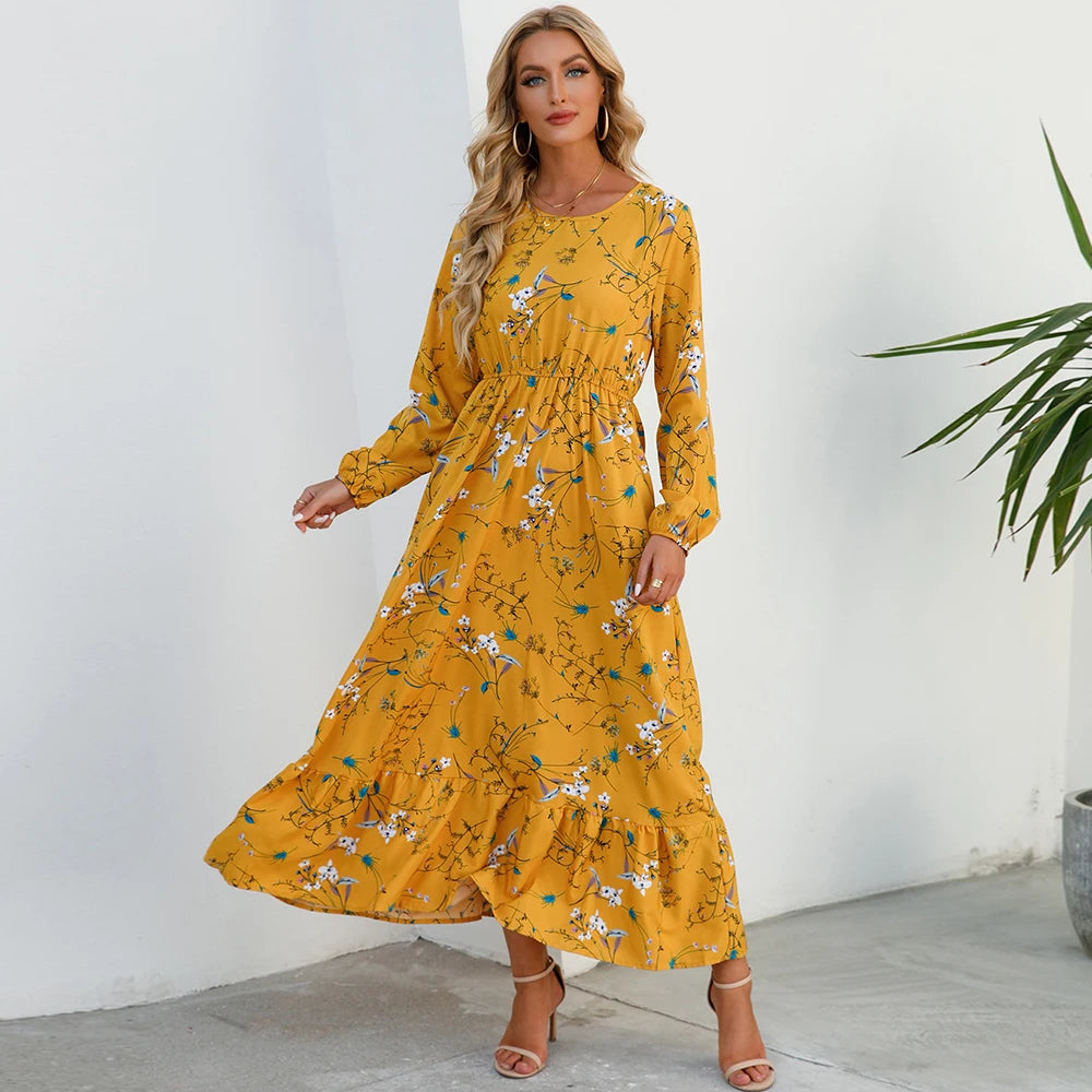 Vestidos largos bohemios informales de manga larga y cintura alta para mujer, de gasa, para playa, primavera y otoño, con estampado floral