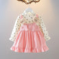 Vestido de manga larga para niña, con estampado floral y tirantes de pana, ideal como atuendo fotográfico para niña de 1 a 6 años.