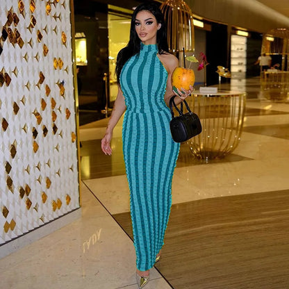 Hugcitar Patchwork Sexy Y2K Ropa Sin Mangas Espalda Descubierta Halter Fruncido Bodycon Vestidos Largos Para Mujeres Club Fiesta de Cumpleaños Trajes
