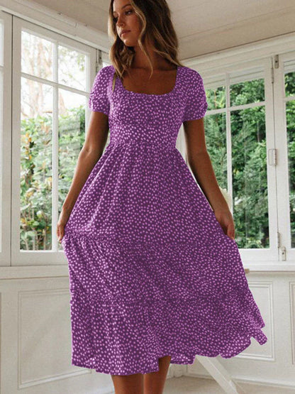 Sexy Square Collar Floral Print Midi Dress 2024 Women's Summer Puff Short Sleeve Ruffles Casual Party Dresses For Women Robe
