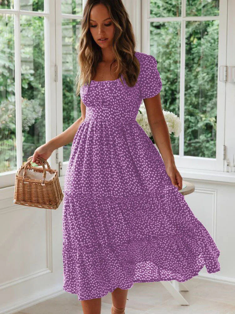 Sexy Square Collar Floral Print Midi Dress 2024 Women's Summer Puff Short Sleeve Ruffles Casual Party Dresses For Women Robe