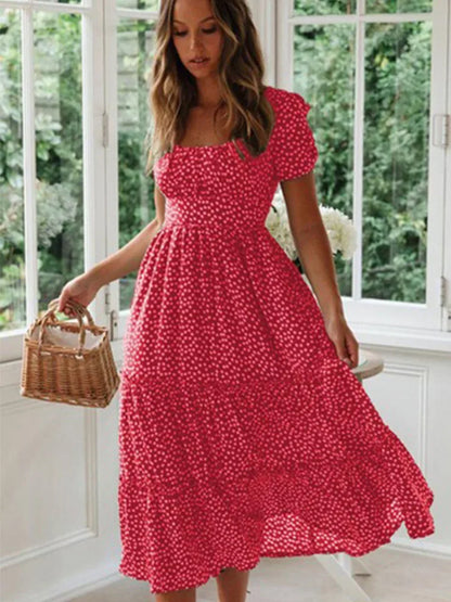 Vestidos Vintage Estampado Vintage Manga Abullonada Verano Playa Dulce Vestidos Casual Cuello Cuadrado Floral Maxi Vestido Largo Fiesta