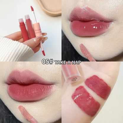 Brillo labial de doble punta, brillo total, espejo y terciopelo mate, color e hidratación de larga duración, brillo labial cosmético antimanchas.