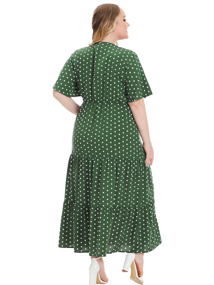 Vestidos casuales bohemios de manga corta con cuello en V y estampado de lunares a la moda para mujeres de talla grande.
