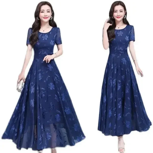 Summer New Women's Short Sleeve Printed Dress Slimming Waist Flared Long Skirt Korean Style Elegant Fashionable Casual Dress