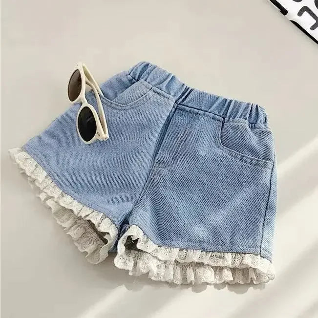 Pantalones cortos vaqueros de estilo coreano para niñas, pantalones vaqueros cortos de princesa a la moda, pantalones cortos para niñas, ropa para niñas con flores