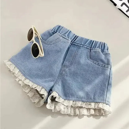 Pantalones cortos vaqueros de estilo coreano para niñas, pantalones vaqueros cortos de princesa a la moda, pantalones cortos para niñas, ropa para niñas con flores