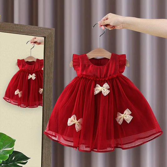Ropa para niños, vestido de niña, nuevo estilo de verano, vestido de princesa con mangas voladoras y lazo para bebé, vestido de noche infantil con hilo de nubes