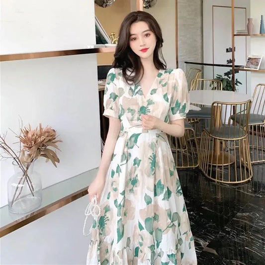Vestido largo de verano 2025 con diseño de sal y dulce, largo hasta la pantorrilla, estilo hada, con sistema de flores dulces y fragantes para mujer