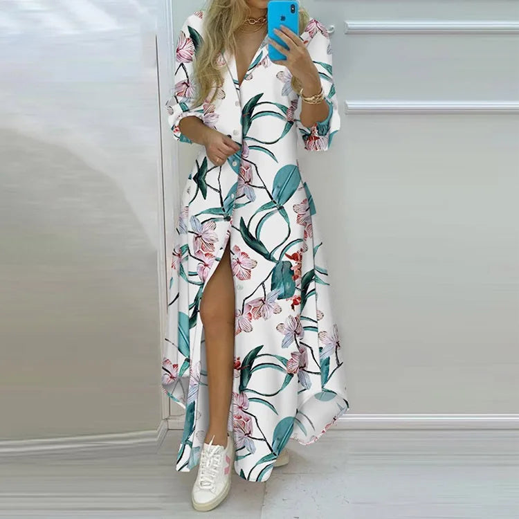 Vintage Elegant Retro Print Women's Shirt Dress Fashion Casual Holiday Dress Long Sleeve Irregular Office Lady Summer New Dress