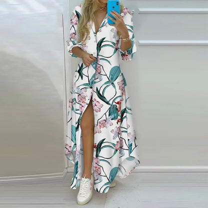 Vintage Elegant Retro Print Women's Shirt Dress Fashion Casual Holiday Dress Long Sleeve Irregular Office Lady Summer New Dress