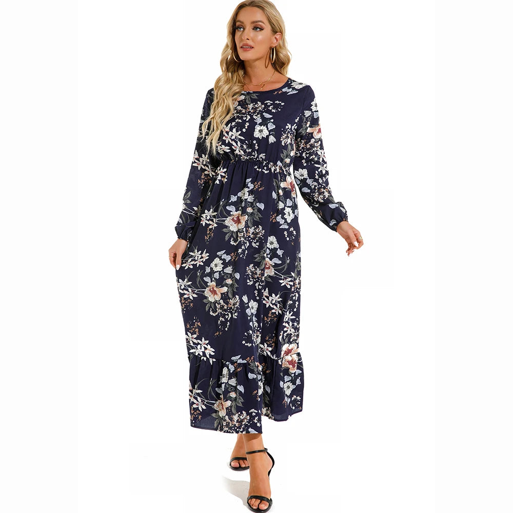 Vestidos largos bohemios informales de manga larga y cintura alta para mujer, de gasa, para playa, primavera y otoño, con estampado floral