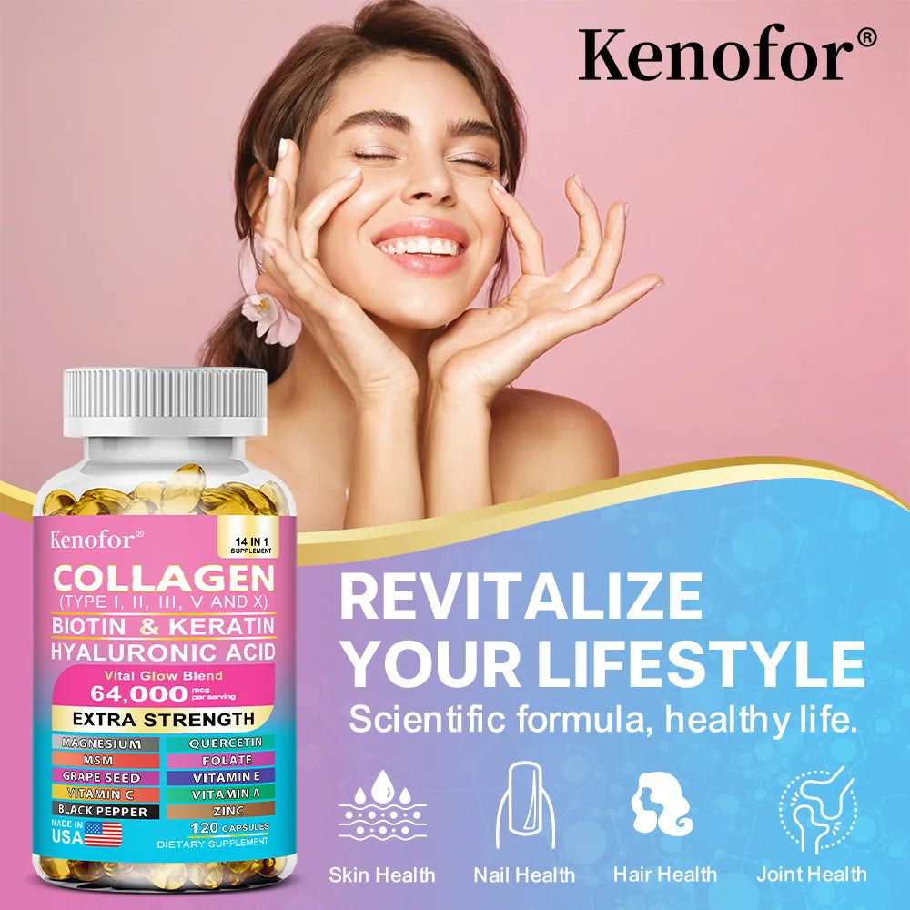 Colágeno Kenofor 1000 mg con biotina 10 000 mcg, queratina, ácido hialurónico, vitamina C, fórmula saludable, suplemento dietético sin gluten.