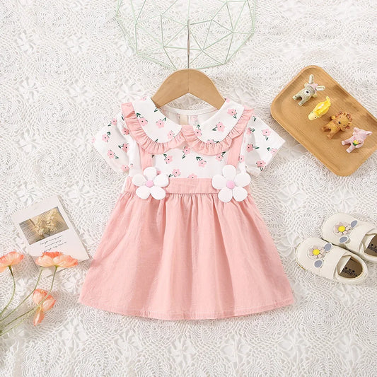 Vestido de verano para niña de 0 a 3 años, de algodón, con estampado floral, de dos piezas y tirantes finos, de manga corta.