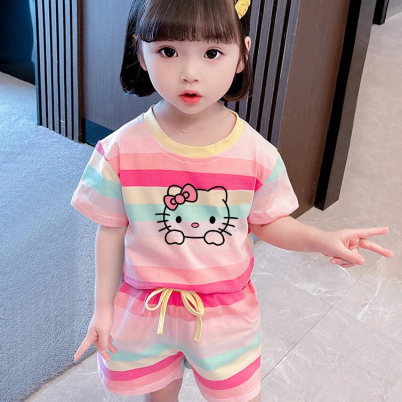 Conjuntos de ropa de verano de Hello Kitty para niñas pequeñas, camiseta de manga corta y pantalones cortos con cintura elástica, 2 piezas