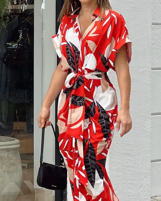 Women's Summer Casual Short Sleeved Printed Flip Collar Dress, Casual Elegant Button Up Women's Belt Dress